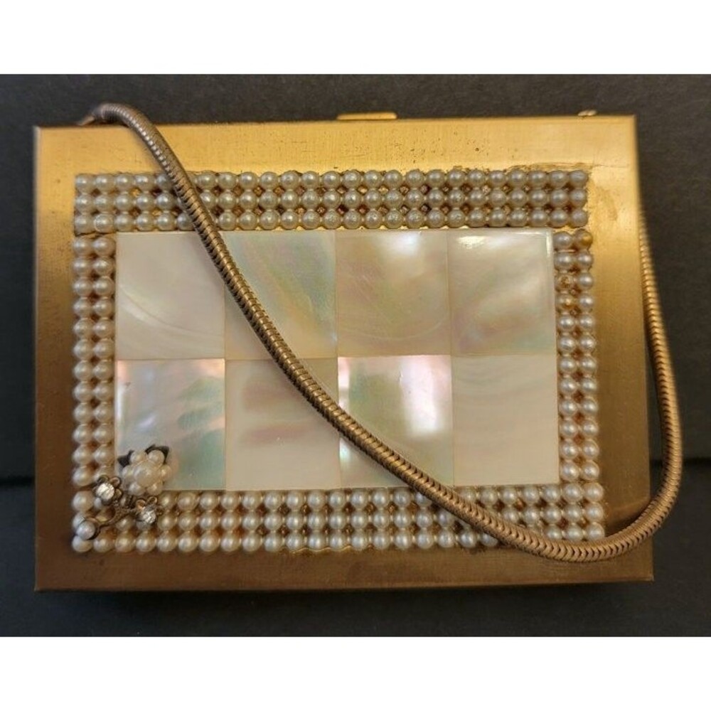 1940's Mother of Pearl & Pearl Beaded Carryall Compact Vtg Original Bag & Box